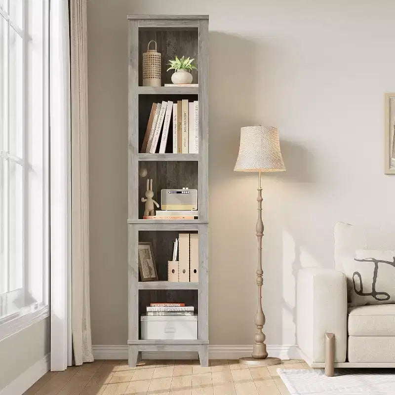 Libreria stretta a 5 ripiani, scaffale in legno stile rustico vintage etagere rovere per ufficio, soggiorno, camera da letto, grigio