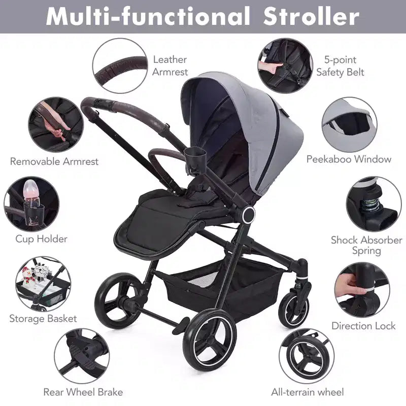 Passeggino per neonati, Passeggino pieghevole - Carrozzina alta per neonati e bambini, passeggino trasformabile con schienale reversibile