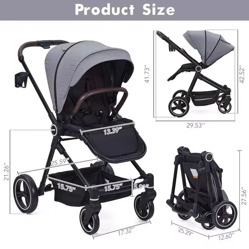 Passeggino per neonati, Passeggino pieghevole - Carrozzina alta per neonati e bambini, passeggino trasformabile con schienale reversibile