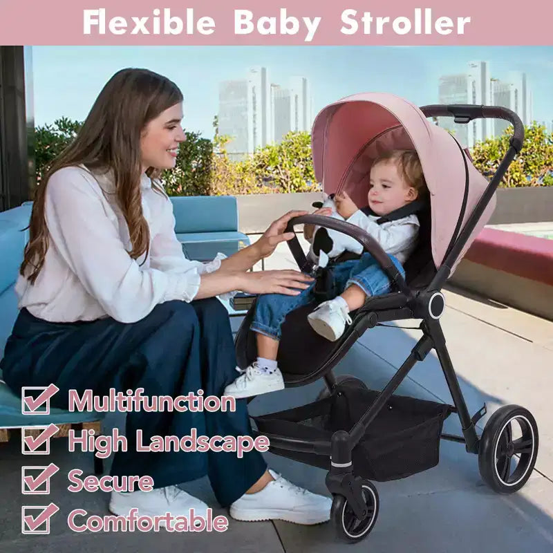 Passeggino per neonati, Passeggino pieghevole - Carrozzina alta per neonati e bambini, passeggino trasformabile con schienale reversibile
