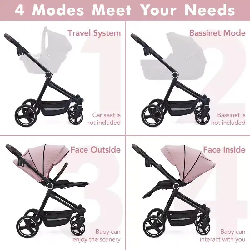 Passeggino per neonati, Passeggino pieghevole - Carrozzina alta per neonati e bambini, passeggino trasformabile con schienale reversibile