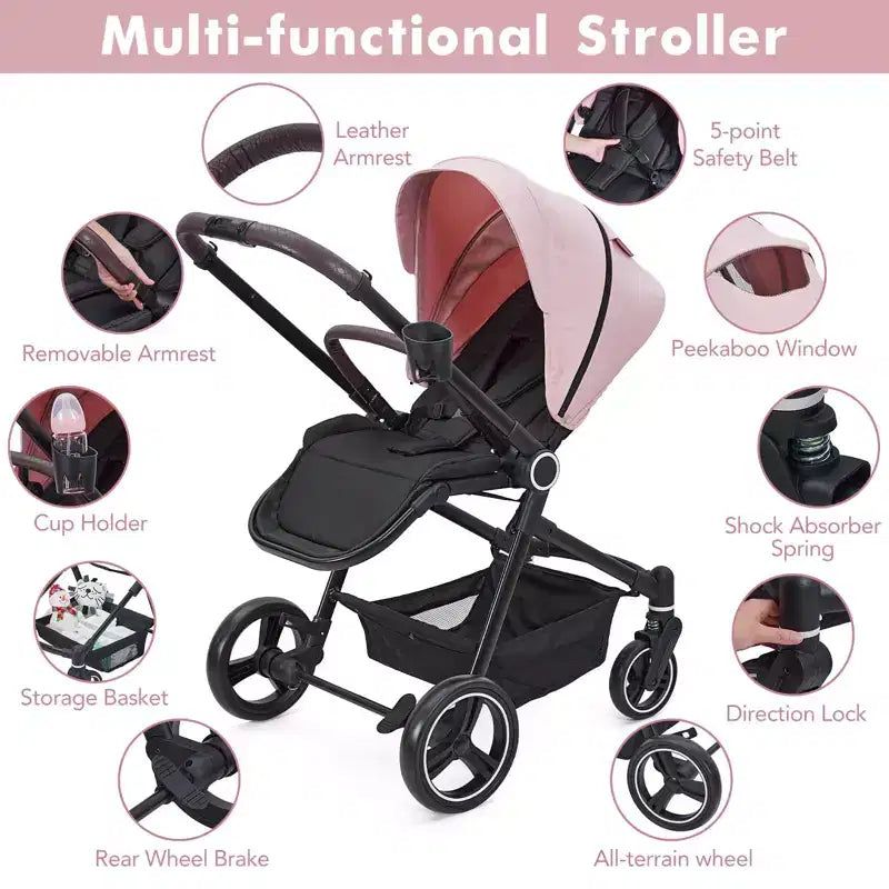 Passeggino per neonati, Passeggino pieghevole - Carrozzina alta per neonati e bambini, passeggino trasformabile con schienale reversibile