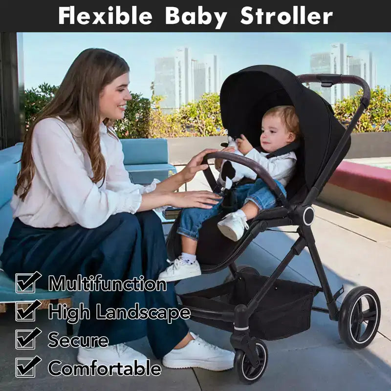 Passeggino per neonati, Passeggino pieghevole - Carrozzina alta per neonati e bambini, passeggino trasformabile con schienale reversibile