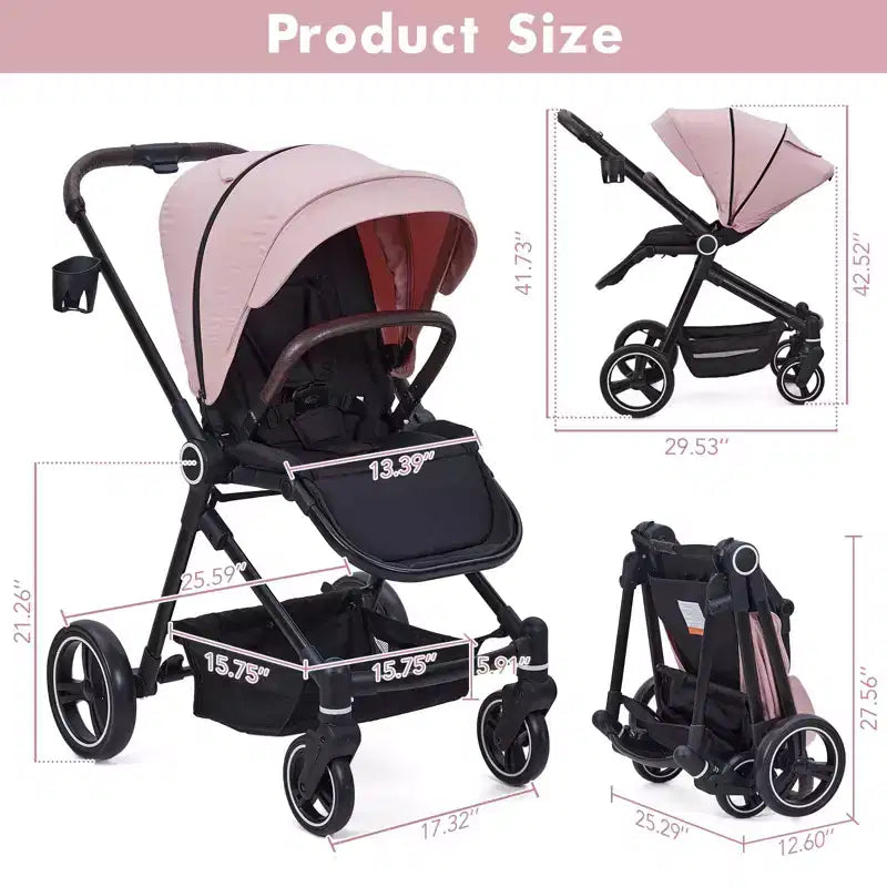 Passeggino per neonati, Passeggino pieghevole - Carrozzina alta per neonati e bambini, passeggino trasformabile con schienale reversibile