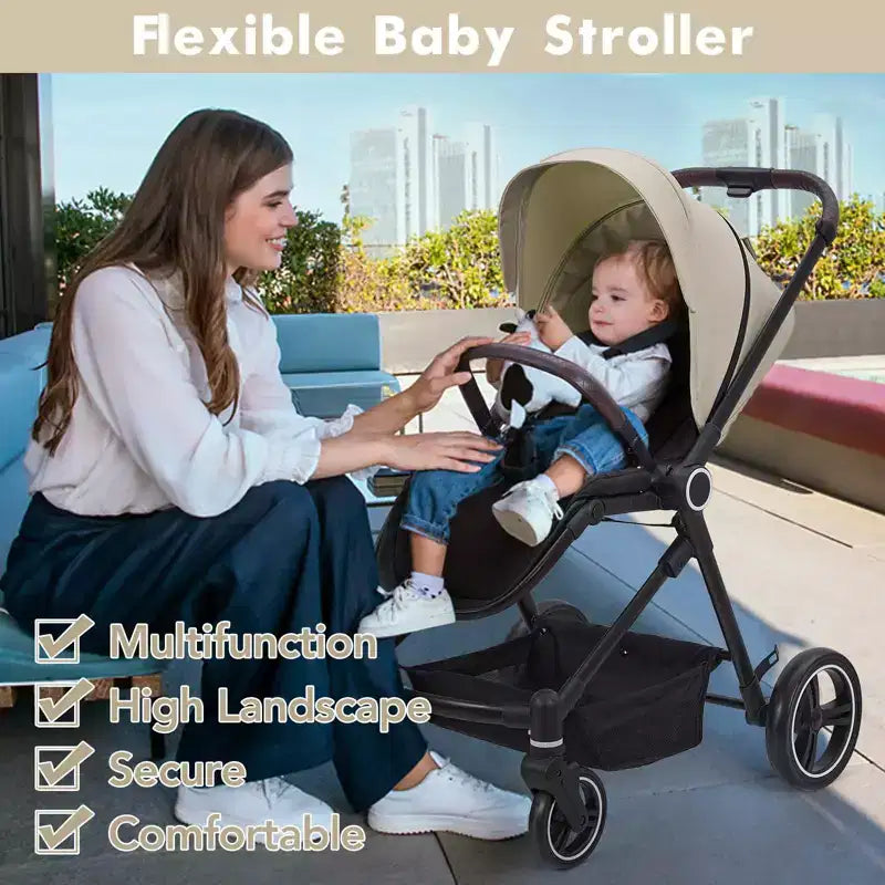 Passeggino per neonati, Passeggino pieghevole - Carrozzina alta per neonati e bambini, passeggino trasformabile con schienale reversibile