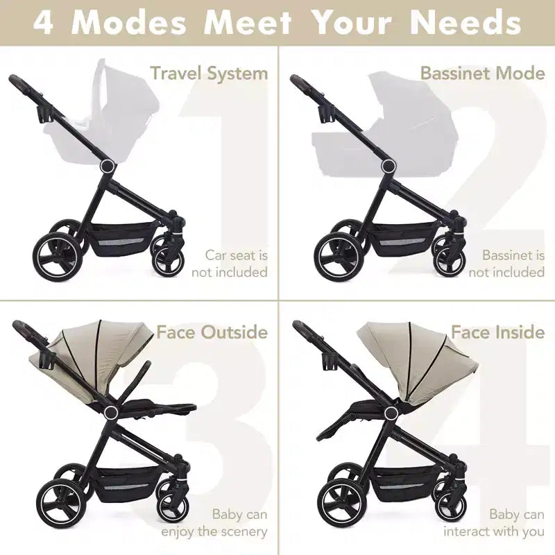 Passeggino per neonati, Passeggino pieghevole - Carrozzina alta per neonati e bambini, passeggino trasformabile con schienale reversibile
