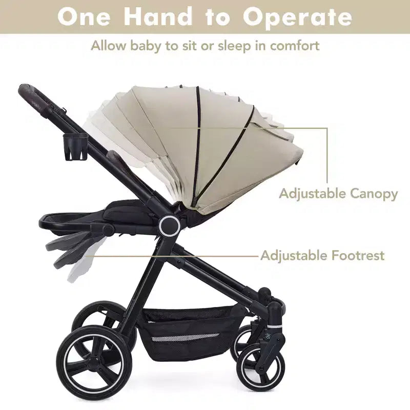 Passeggino per neonati, Passeggino pieghevole - Carrozzina alta per neonati e bambini, passeggino trasformabile con schienale reversibile