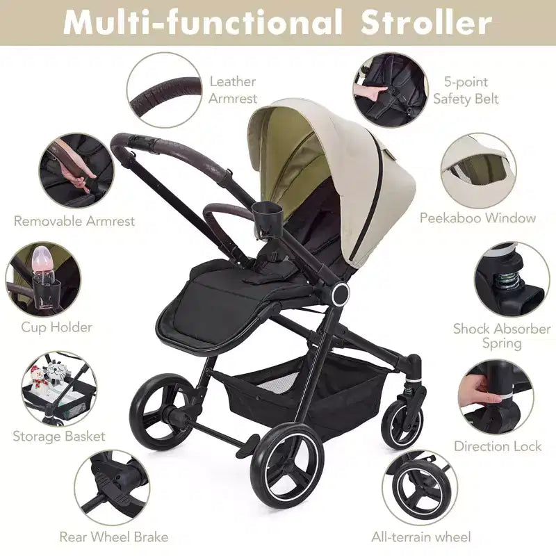 Passeggino per neonati, Passeggino pieghevole - Carrozzina alta per neonati e bambini, passeggino trasformabile con schienale reversibile