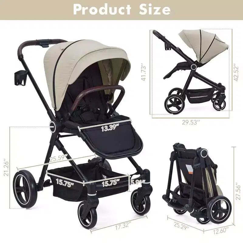 Passeggino per neonati, Passeggino pieghevole - Carrozzina alta per neonati e bambini, passeggino trasformabile con schienale reversibile