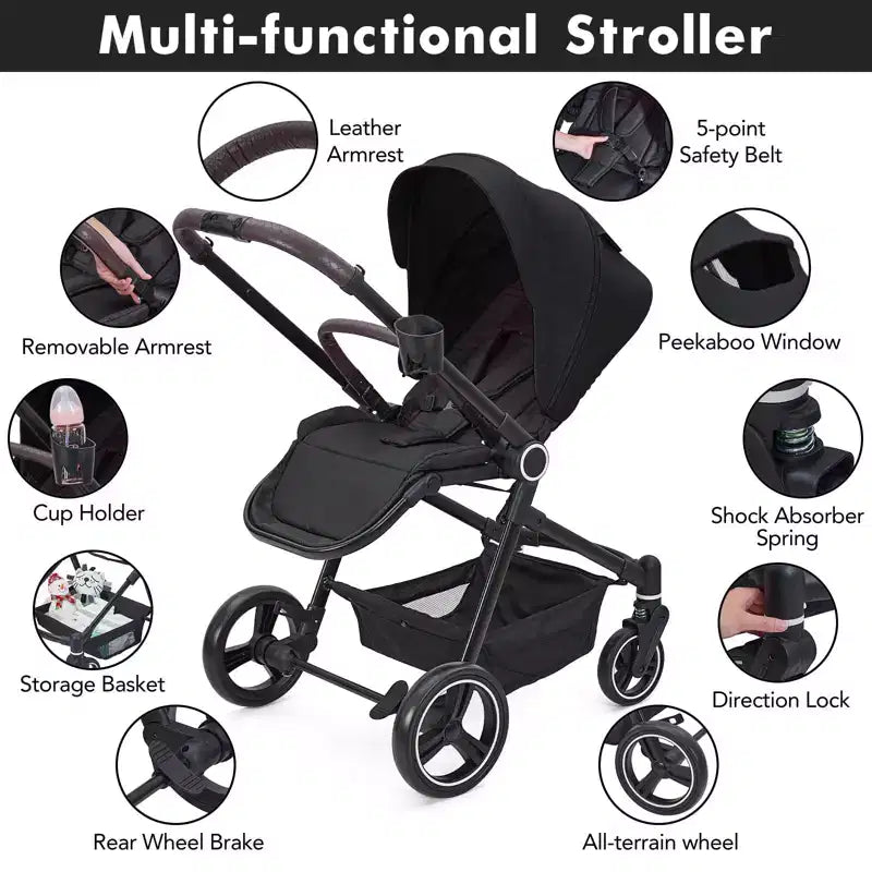 Passeggino per neonati, Passeggino pieghevole - Carrozzina alta per neonati e bambini, passeggino trasformabile con schienale reversibile