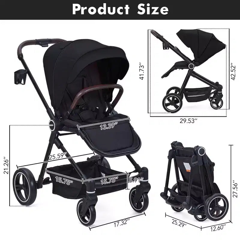 Passeggino per neonati, Passeggino pieghevole - Carrozzina alta per neonati e bambini, passeggino trasformabile con schienale reversibile