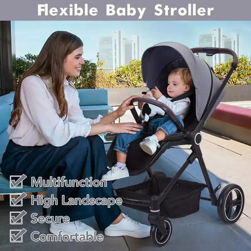 Passeggino per neonati, Passeggino pieghevole - Carrozzina alta per neonati e bambini, passeggino trasformabile con schienale reversibile