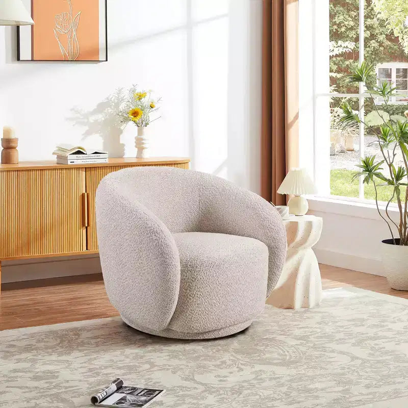 Poltrona girevole di design, poltrona rotonda moderna rivestita, poltrona singola girevole a 360° per soggiorno e camera da letto, bouclé beige