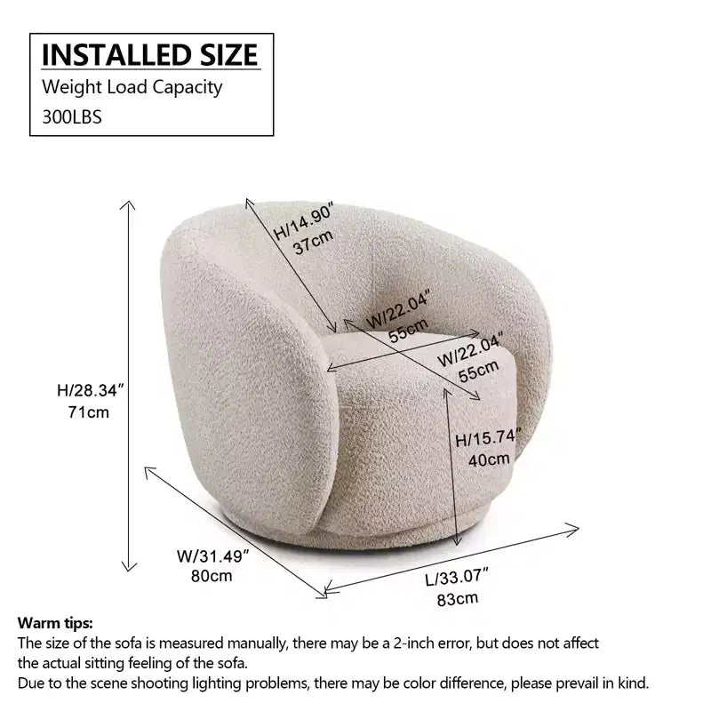 Poltrona girevole di design, poltrona rotonda moderna rivestita, poltrona singola girevole a 360° per soggiorno e camera da letto, bouclé beige