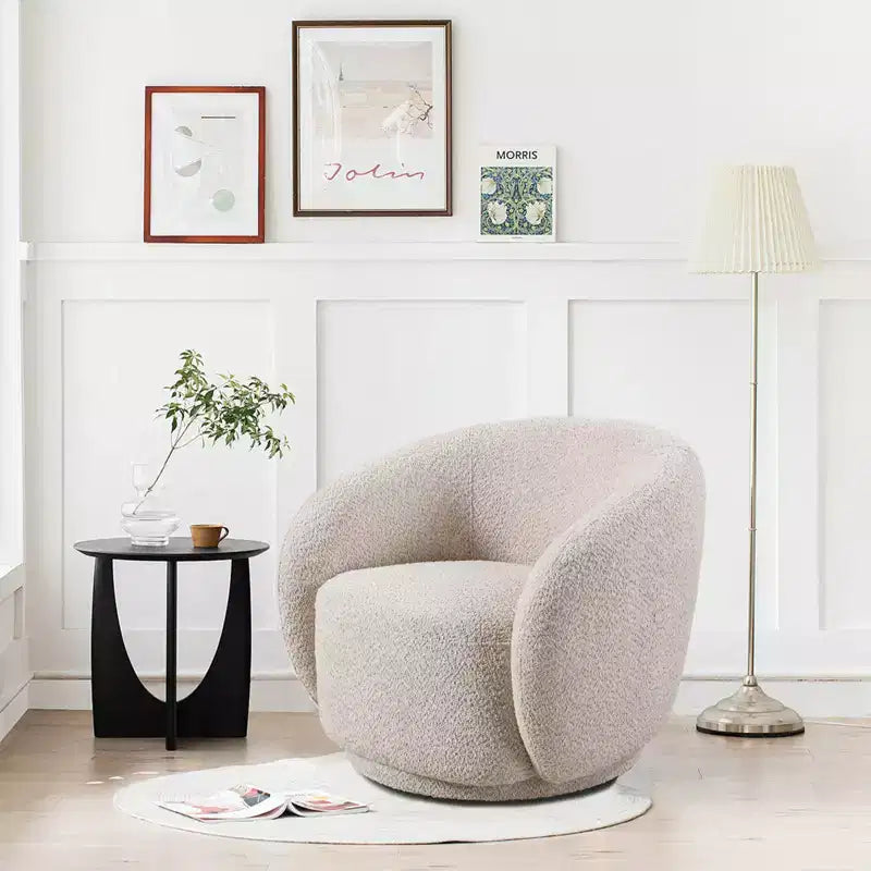 Poltrona girevole di design, poltrona rotonda moderna rivestita, poltrona singola girevole a 360° per soggiorno e camera da letto, bouclé beige