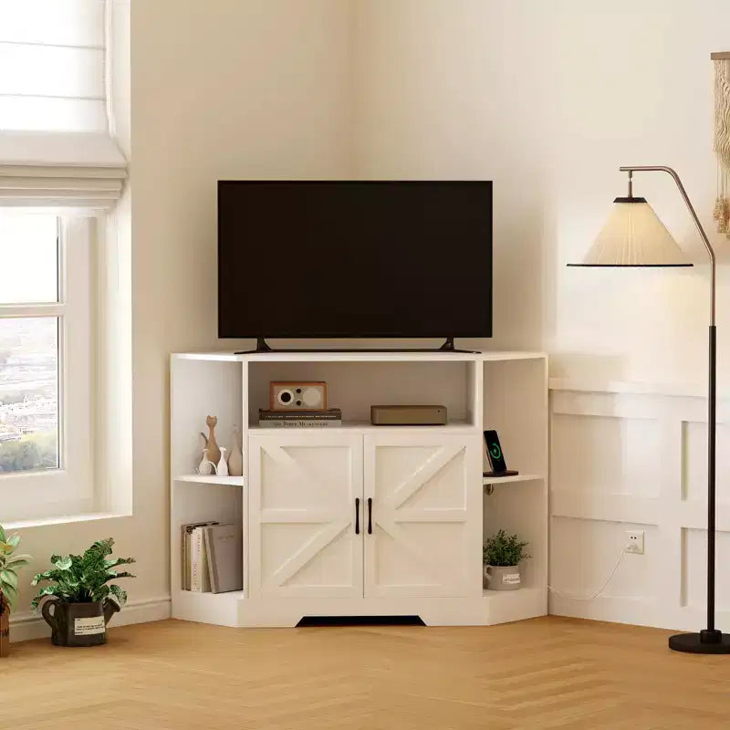 TROPOW Corner Tv Stand for Tvs Up to 55 Inch with Power Outlet, Entertainment Center, Wood Tv Media Console with Storage Cabinets Shelves , White