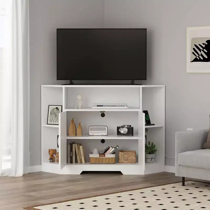 TROPOW Mobile TV ad Angolo per TV Fino a 55 Pollici con Presa di Corrente, Centro di Intrattenimento, Mobile TV in Legno con Armadietti e Ripiani Contenitori, Bianco
