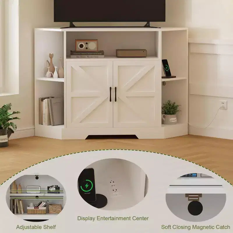 TROPOW Mobile TV ad Angolo per TV Fino a 55 Pollici con Presa di Corrente, Centro di Intrattenimento, Mobile TV in Legno con Armadietti e Ripiani Contenitori, Bianco