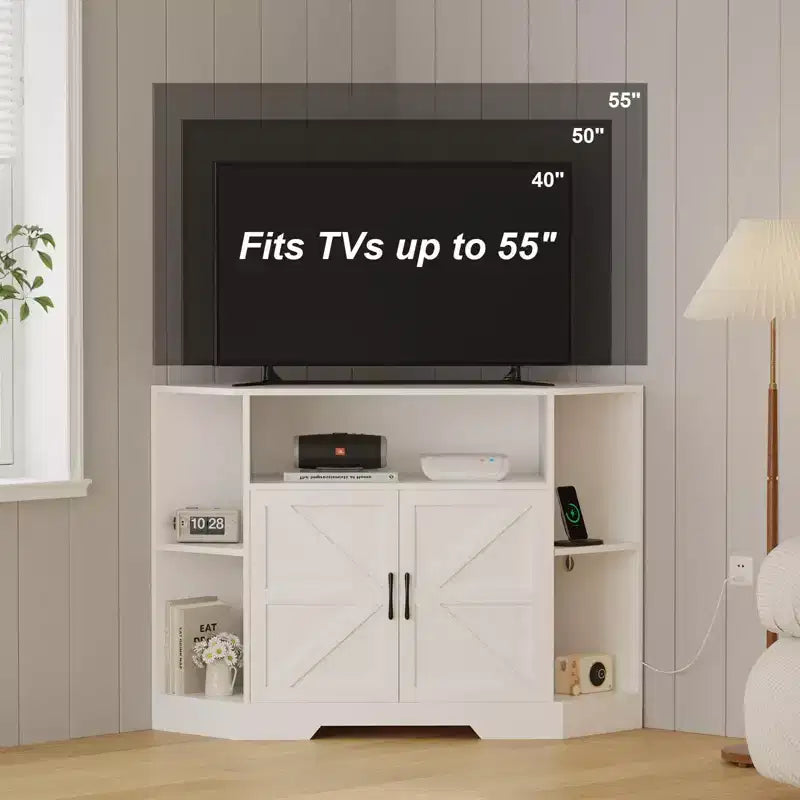 TROPOW Mobile TV ad Angolo per TV Fino a 55 Pollici con Presa di Corrente, Centro di Intrattenimento, Mobile TV in Legno con Armadietti e Ripiani Contenitori, Bianco