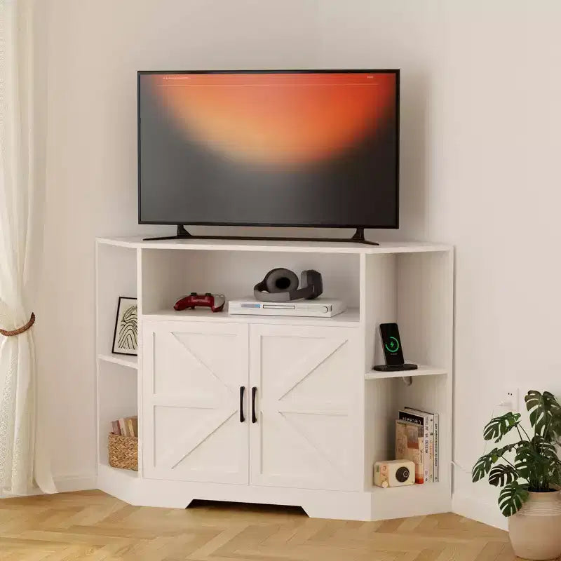 TROPOW Mobile TV ad Angolo per TV Fino a 55 Pollici con Presa di Corrente, Centro di Intrattenimento, Mobile TV in Legno con Armadietti e Ripiani Contenitori, Bianco