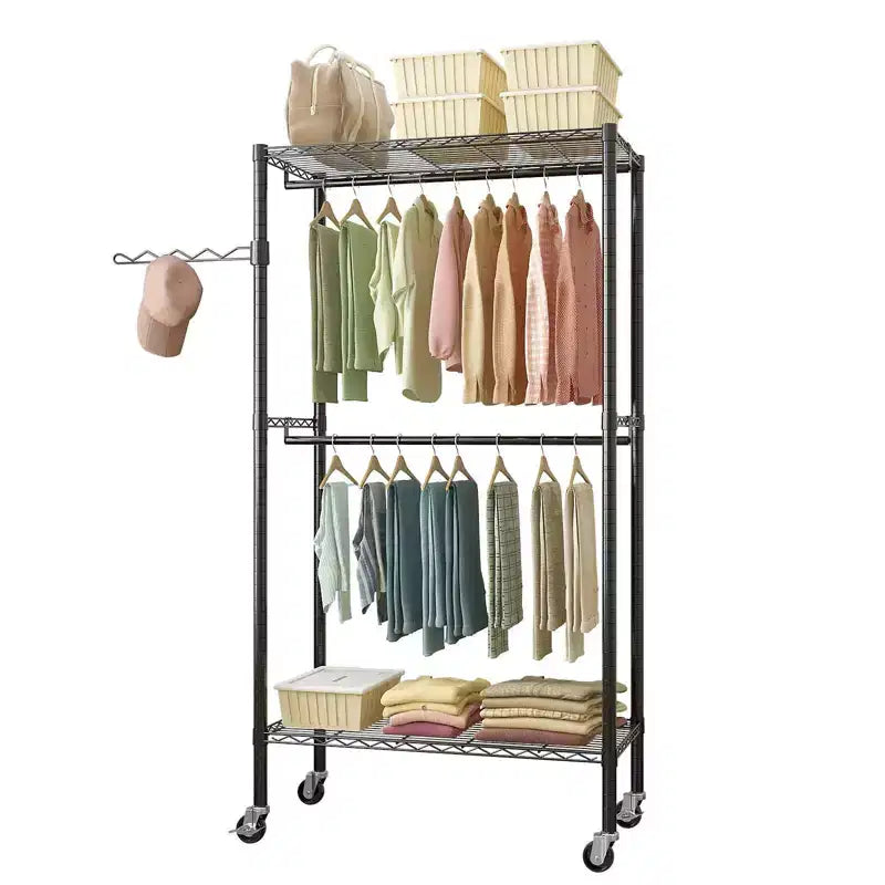 Karl Home Appendiabiti da terra in acciaio al carbonio nero con doppie barre trasversali 90x45x180 cm Spaziatura dei ripiani regolabile