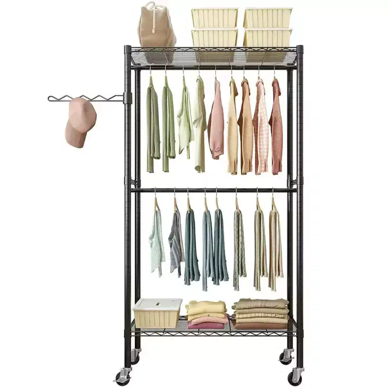Karl Home Appendiabiti da terra in acciaio al carbonio nero con doppie barre trasversali 90x45x180 cm Spaziatura dei ripiani regolabile