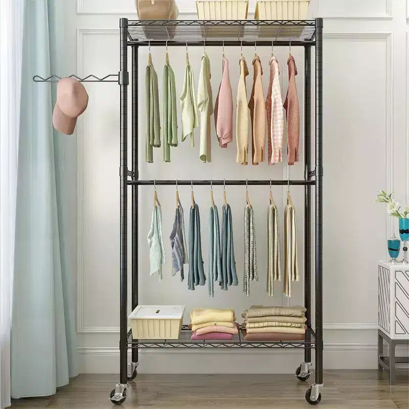 Karl Home Appendiabiti da terra in acciaio al carbonio nero con doppie barre trasversali 90x45x180 cm Spaziatura dei ripiani regolabile