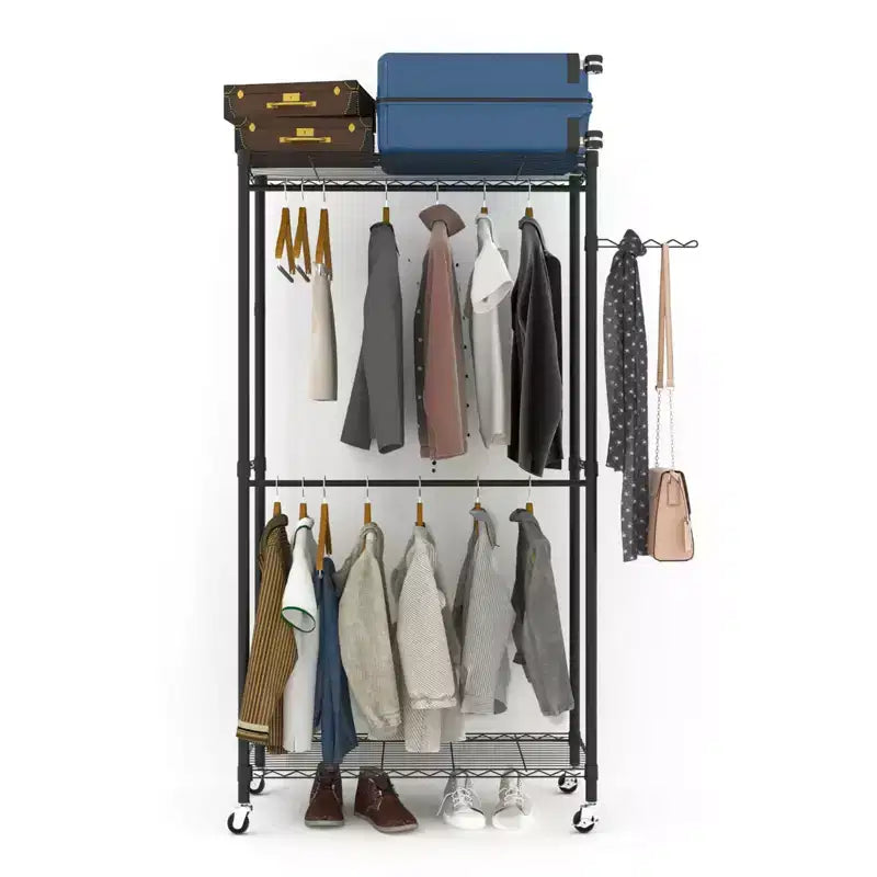 Karl Home Appendiabiti da terra in acciaio al carbonio nero con doppie barre trasversali 90x45x180 cm Spaziatura dei ripiani regolabile