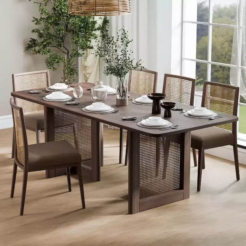 PexFix Tavolo da Pranzo da Cucina in Stile Rustico da 200 x 85 cm, Tavolo da Cucina Quadrato in Noce con Gambe in Rattan Intrecciato per Cucina, Bar, Soggiorno