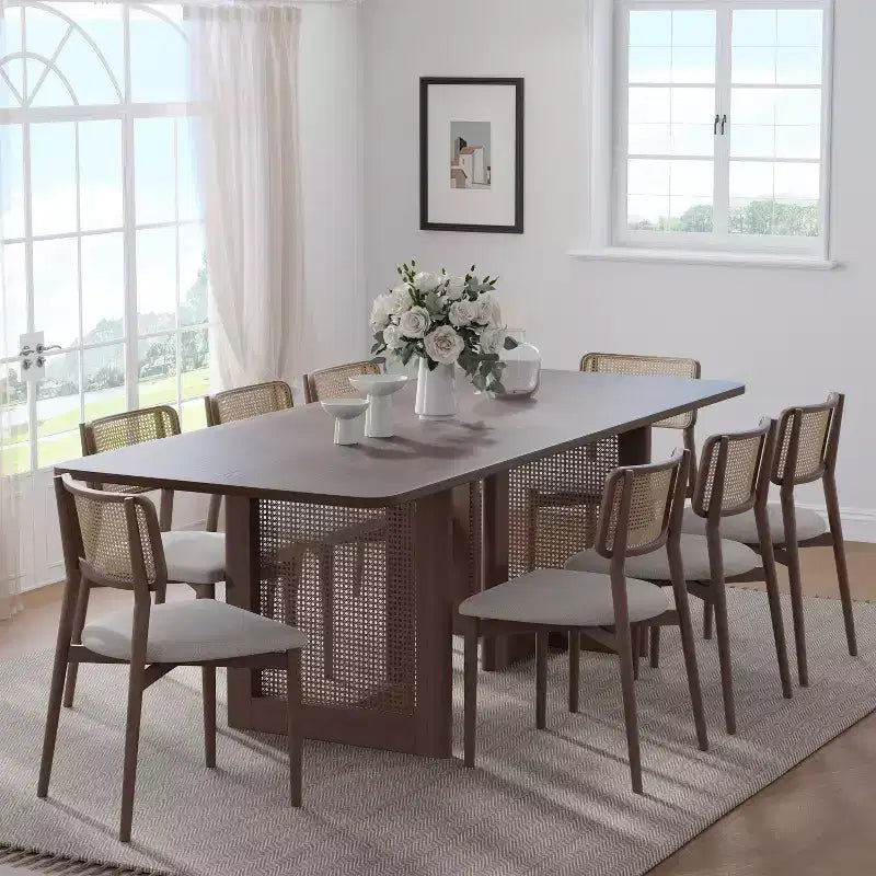 PexFix Tavolo da Pranzo da Cucina in Stile Rustico da 200 x 85 cm, Tavolo da Cucina Quadrato in Noce con Gambe in Rattan Intrecciato per Cucina, Bar, Soggiorno