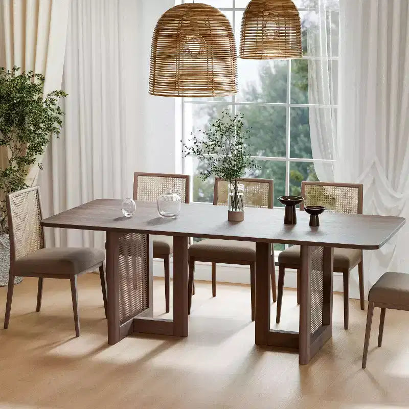 PexFix Tavolo da Pranzo da Cucina in Stile Rustico da 200 x 85 cm, Tavolo da Cucina Quadrato in Noce con Gambe in Rattan Intrecciato per Cucina, Bar, Soggiorno