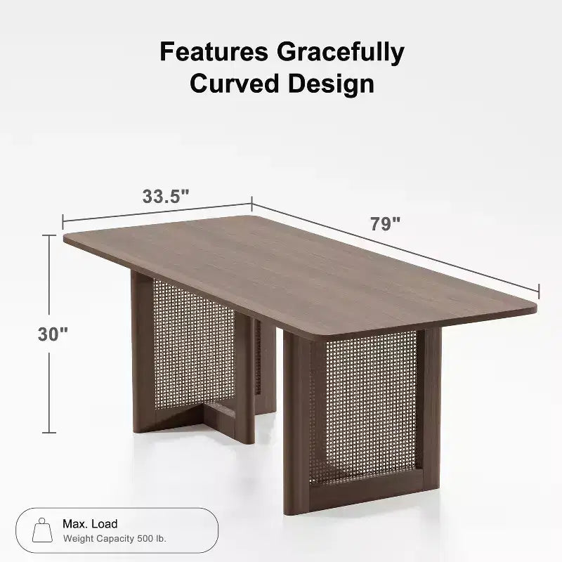 PexFix Tavolo da Pranzo da Cucina in Stile Rustico da 200 x 85 cm, Tavolo da Cucina Quadrato in Noce con Gambe in Rattan Intrecciato per Cucina, Bar, Soggiorno