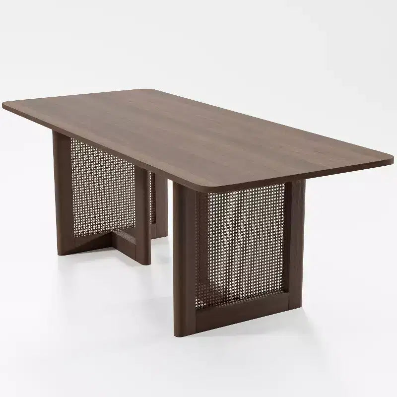 PexFix Tavolo da Pranzo da Cucina in Stile Rustico da 200 x 85 cm, Tavolo da Cucina Quadrato in Noce con Gambe in Rattan Intrecciato per Cucina, Bar, Soggiorno