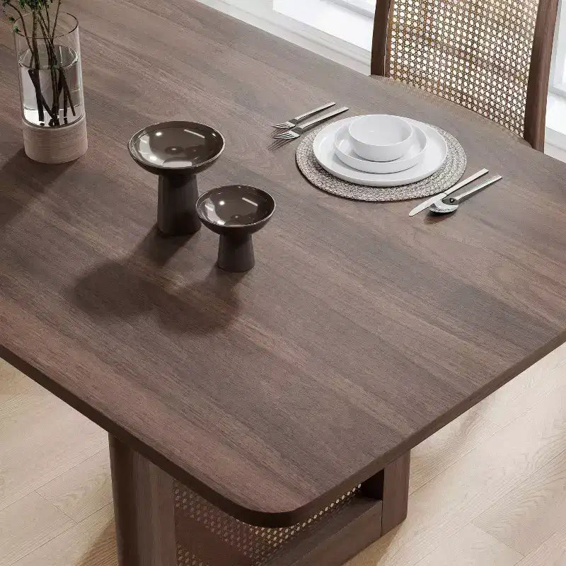 PexFix Tavolo da Pranzo da Cucina in Stile Rustico da 200 x 85 cm, Tavolo da Cucina Quadrato in Noce con Gambe in Rattan Intrecciato per Cucina, Bar, Soggiorno
