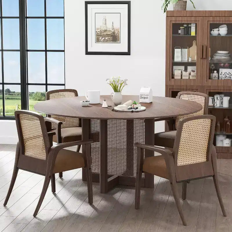 PexFix 60 x 60 Tavolo da Pranzo Cucina Rustico Rotondo in Noce con Gambe in Rattan Intrecciato per Cucina, Bar, Soggiorno