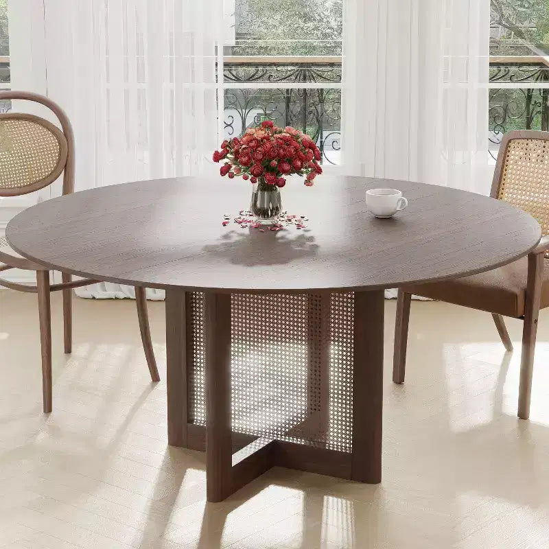 PexFix 60 x 60 Tavolo da Pranzo Cucina Rustico Rotondo in Noce con Gambe in Rattan Intrecciato per Cucina, Bar, Soggiorno