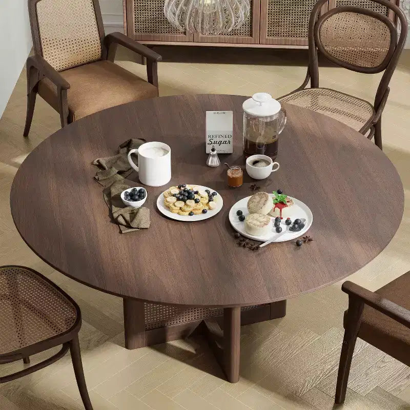 PexFix 60 x 60 Tavolo da Pranzo Cucina Rustico Rotondo in Noce con Gambe in Rattan Intrecciato per Cucina, Bar, Soggiorno