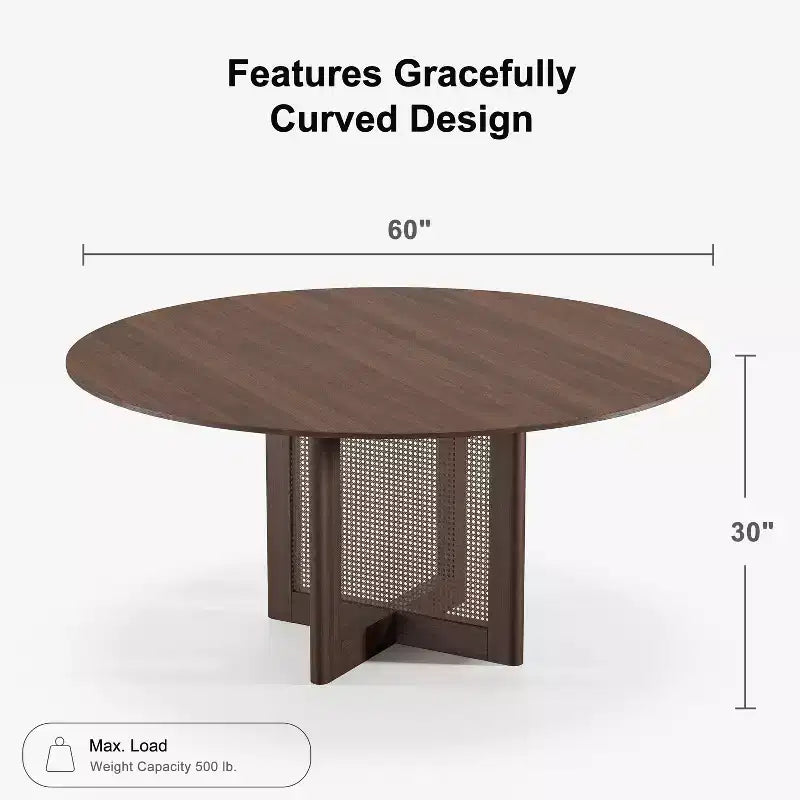 PexFix 60 x 60 Tavolo da Pranzo Cucina Rustico Rotondo in Noce con Gambe in Rattan Intrecciato per Cucina, Bar, Soggiorno