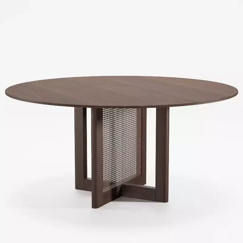 PexFix 60 x 60 Tavolo da Pranzo Cucina Rustico Rotondo in Noce con Gambe in Rattan Intrecciato per Cucina, Bar, Soggiorno