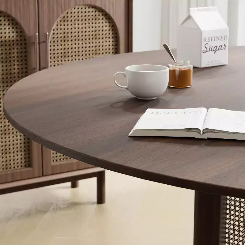 PexFix 60 x 60 Tavolo da Pranzo Cucina Rustico Rotondo in Noce con Gambe in Rattan Intrecciato per Cucina, Bar, Soggiorno