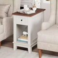 Acekool Farmhouse End Table with Charging Station and Storage Drawer, White and Brown Accent Table for Living Room and Bedroom