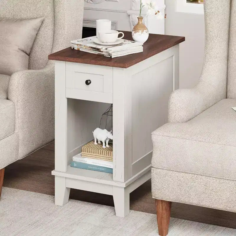 Acekool Farmhouse End Table with Charging Station and Storage Drawer, White and Brown Accent Table for Living Room and Bedroom