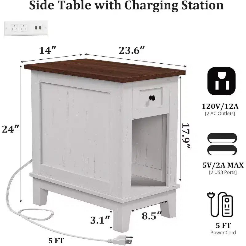 Tavolino da salotto Acekool Farmhouse con stazione di ricarica e cassetto portaoggetti, tavolino d'appoggio bianco e marrone per soggiorno e camera da letto