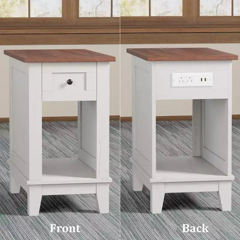 Tavolino da salotto Acekool Farmhouse con stazione di ricarica e cassetto portaoggetti, tavolino d'appoggio bianco e marrone per soggiorno e camera da letto