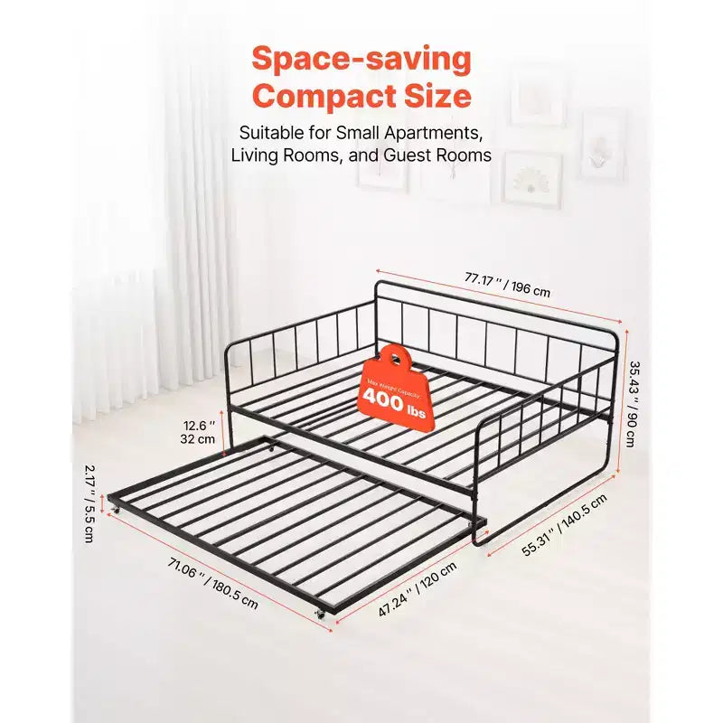 VEVOR Letto da Giorno a Grandezza Naturale, Struttura per Divano Letto con Rete Estraibile, Struttura Letto a Piattaforma in Metallo Resistente, Divano Letto a Grandezza Naturale con Supporto a Doghe in Metallo per Soggiorno, Nero