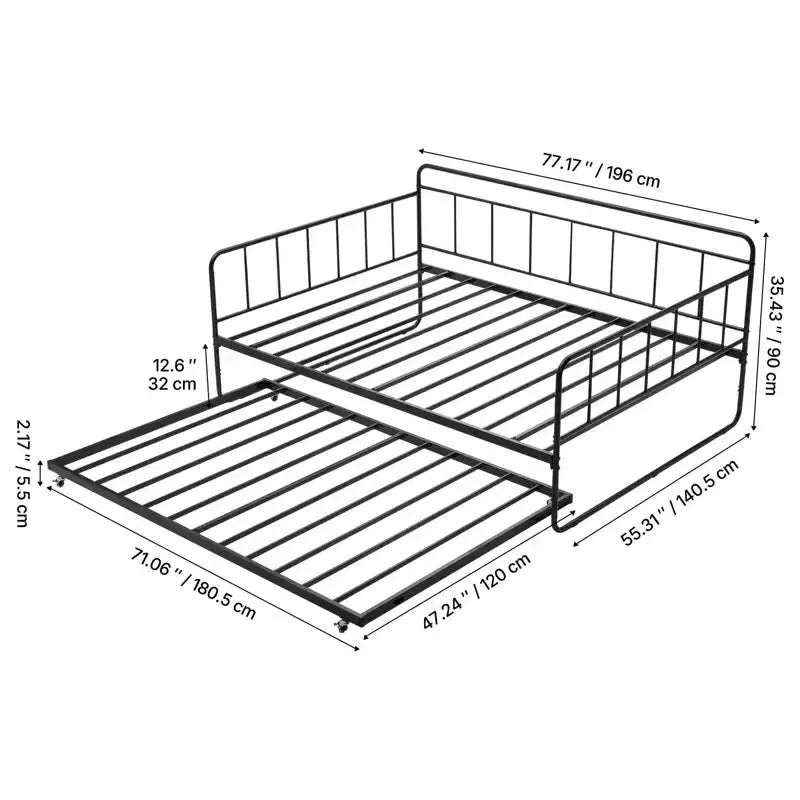 VEVOR Letto da Giorno a Grandezza Naturale, Struttura per Divano Letto con Rete Estraibile, Struttura Letto a Piattaforma in Metallo Resistente, Divano Letto a Grandezza Naturale con Supporto a Doghe in Metallo per Soggiorno, Nero