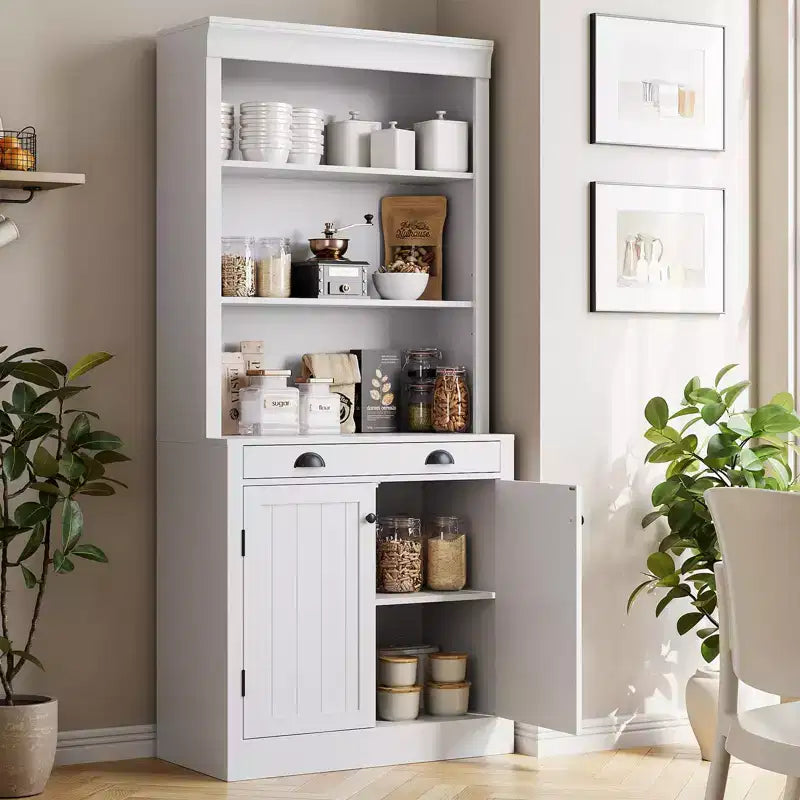 Libreria e scaffale alti 71", con cassetto, 5 ripiani bianchi con ante, ripiano regolabile, armadietti portaoggetti in legno