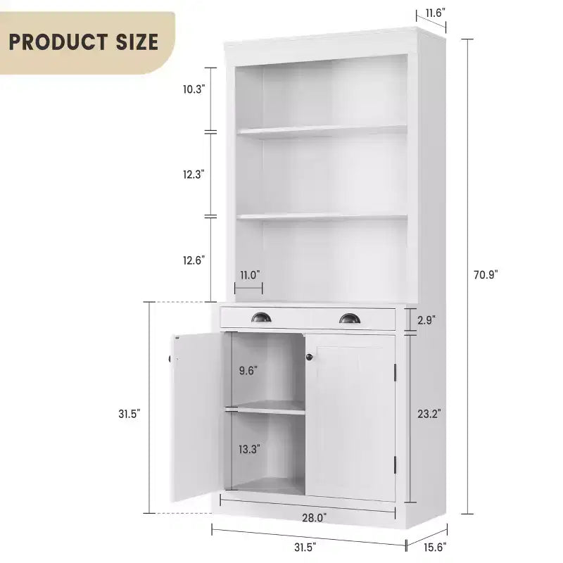 Libreria e scaffale alti 71", con cassetto, 5 ripiani bianchi con ante, ripiano regolabile, armadietti portaoggetti in legno