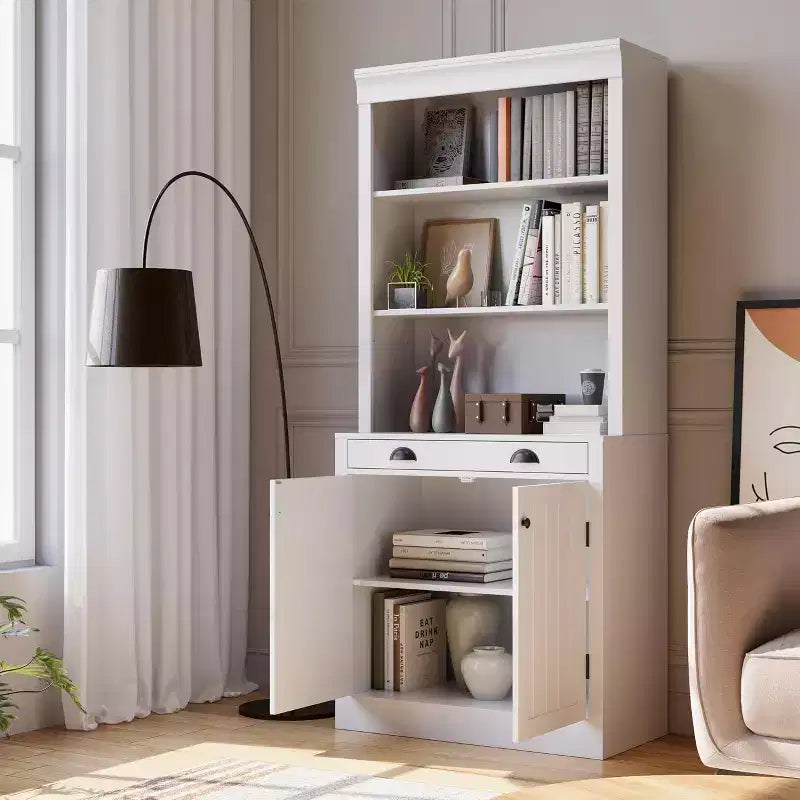 Libreria e scaffale alti 71", con cassetto, 5 ripiani bianchi con ante, ripiano regolabile, armadietti portaoggetti in legno
