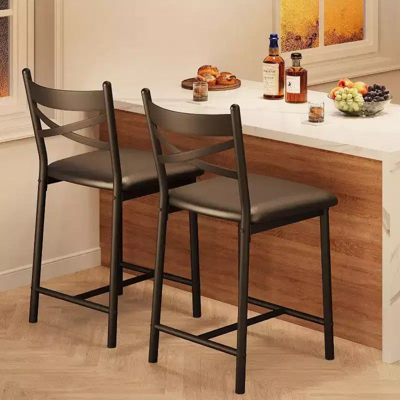 Counter Height Bar Stools, PU Leather Upholstered Seat Bar Chairs with X-Back Design & Footrest, Metal Frame Stools